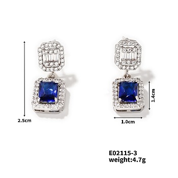 Elegant Square Copper Inlaid Zircon Women's Stud Earrings Fashionable Accessories, Platinum, Dark Blue, 25x10mm