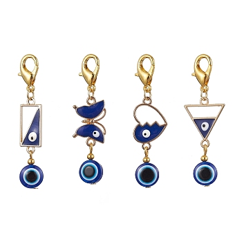 Alloy Enamel Pendant Decorations, Resin Beads with Alloy Lobster Claw Clasps Charm, Heart/Rectangle/Triangle/Butterfly with Evil Eye, Blue, 54~56mm