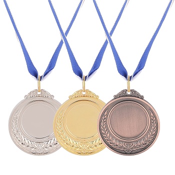 Sports Medal Zinc Alloy Pendant Cabochon Settings, with Neck Polyester Ribbon, Flat Round, Mixed Color, 31.4 inch(80cm), 3 colors, 4pcs/color, 12pcs/set
