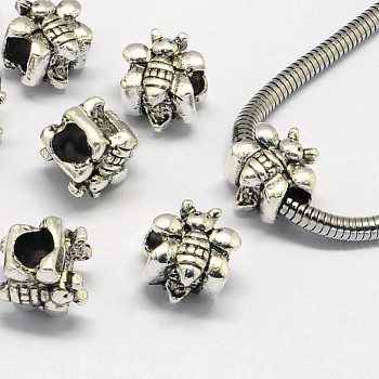 Alloy European Beads, Large Hole Beads, Bees, Antique Silver, 11x12x10mm, Hole: 5mm