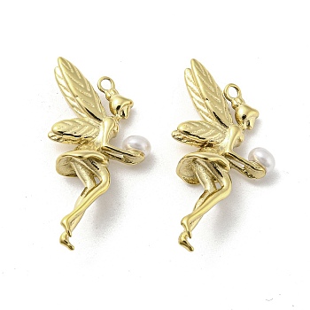 304 Stainless Steel Pendants, with Plastic Imitation Pearl, Fairy Charms, Real 14K Gold Plated, 26x19x4.5mm, Hole: 1.4mm