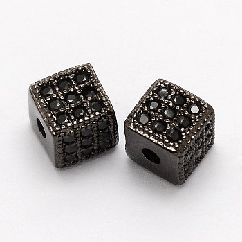 Cube Brass Micro Pave Cubic Zirconia Beads, Cadmium Free & Nickel Free & Lead Free, Gunmetal, 6x6x6mm, Hole: 1mm