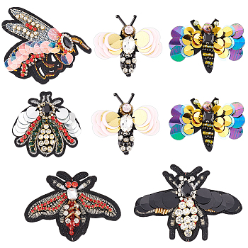 8Pcs 6 Style Bees Computerized Embroidery Cloth Sew on Patches, Appliques, Badges, with Glass Rhinestone, Sequins, for Clothes, Dress, Hat, Jeans, DIY Decorations, Mixed Color, 41~66x58~88x6~9mm