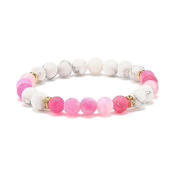 Natural Weathered Agate & Howlite Round Beaded Stretch Bracelet, Gemstone Jewelry for Women, Hot Pink, Inner Diameter: 2-1/4 inch(5.6cm)