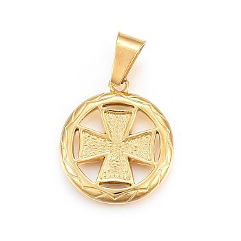 304 Stainless Steel Pendants, Flat Round with Cross, Golden, 28.5x25x3mm, Hole: 11x6mm