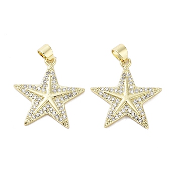 Rack Plating Star Brass Micro Pave Cubic Zirconia Pendants, Cadmium Free & Lead Free, Long-Lasting Plated, Real 18K Gold Plated, Clear, 23x22x2mm, Hole: 3x4mm