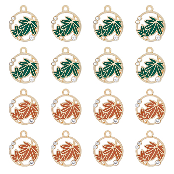 60Pcs 2 Colors Autumn Theme Alloy Enamel Pendants, with Rhinestones, Light Gold, Flat Round with Maple Leaf, Mixed Color, 18x15.5x2.5mm, Hole: 1.6mm, 30pcs/color