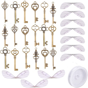SUNNYCLUE Skeleton Key Charm DIY Jewelry Making Kit for Crafts Gifts, Including Alloy Pendants, Organza Fabric Wings, Clear Elastic Crystal Thread, Antique Bronze, 60pcs/set