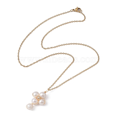 Collar con colgante de cruz con cuentas de perlas naturales de grado A para mujer(NJEW-JN04414)-2