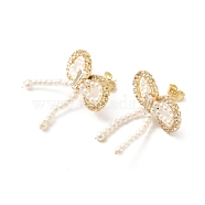 Bowknot Brass Micro Pave Cubic Zirconia Stud Earrings, with ABS Imitation Pearl, Real 18K Gold Plated, 32x28mm(EJEW-P254-07G)