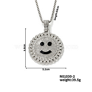 Sparkling Hip Hop Street Dance Alloy Crystal Rhinestone & Enamel Smile Face Pendant Necklaces, Platinum, 23.62 inch(60cm)(HF3863-2)