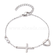Cross & Heart & Infinity 304 Stainless Steel Link Chain Bracelets with Cable Chains, Stainless Steel Color, 7-1/8 inch(18cm)(BJEW-JB09513)