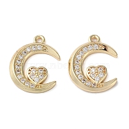 Rack Plating Brass with Cubic Zirconia Pendants, Lead Free & Cadmium Free, Long-Lasting Plated, Moon with Heart Charm, Golden, 18.5x14.5x2.5mm, Hole: 1.5mm(KK-M269-12G)