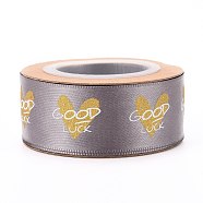 Polyester Ribbons, Single Face Golden Hot Stamping, for Gifts Wrapping, Party Decoration, Heart & Word Good Luck Pattern, Gray, 1-1/8 inch(27mm), 10yards/roll(9.14m/roll)(SRIB-H038-01A)
