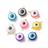 Transparent Evil Eye Resin Connector Charms, with Alloy Spacer Beads and Iron Double Loops, Mixed Color, Flat Round, Golden, 32x20~20.5x9~9.5mm, Hole: 1.8mm and 3.5mm(PALLOY-JF01848-01)