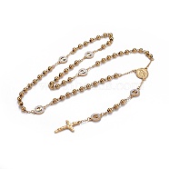 304 Stainless Steel Rosary Bead Necklaces for Easter, with Polymer Clay Rhinestone, Crucifix Cross & Oval with Saint & Flat Round with Virgin Mary, Golden, 26.77 inch(68cm)(NJEW-L159-04G)