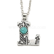Letter A~Z Antique Silver Plated Alloy with Synthetic Turquoise Pendant Necklaces, with Iron Cable Chains, Letter L, 18.70 inch(475mm), Letter L: 25.5x19.5mm(NJEW-G080-01L)