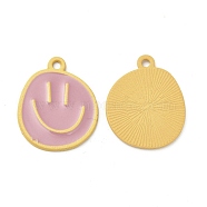Spray Painted Alloy Pendants, Cadmium Free & Nickel Free & Lead Free, Flat Round with Smiling Face Pattern Charm, Orange, 25x20x1.5mm, Hole: 2mm(FIND-C016-01C)