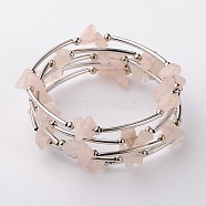 Gemstone Chip Warp Bracelets, Steel Bracelet Memory Wire with Brass Tube Beads and Iron Round Beads, Platinum, Rose Quartz, 53mm(BJEW-JB01517-01)