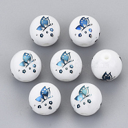 Electroplate Glass Beads, Round with Butterfly Pattern, Blue Plated, 10mm, Hole: 1.2mm(EGLA-S178-12F)