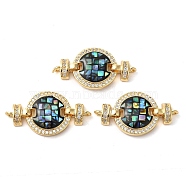 Rack Plating Brass Micro Pave Cubic Zirconia Flat Round Connector Charms, with Enamel & Shell, Real 18K Gold Plated, Long-Lasting Plated, Lead Free & Cadmium Free, Black, 15x28x4mm, Hole: 1.4mm(KK-K385-100G-03)