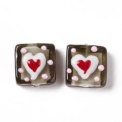 Handmade Lampwork Beads, Square with Heart Pattern, Coffee, 16x15x6mm, Hole: 1.8mm(LAMP-G147-01D)