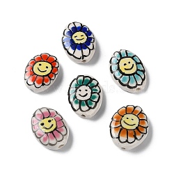 Handmade Porcelain Beads, Famille Rose Porcelain, Oval with Flower, Mixed Color, 19x14~16x5~6mm, Hole: 1.2mm(PORC-G011-04D)