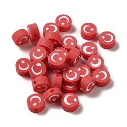 Handmade Polymer Clay Beads, Flat Round with Moon Pattern, Indian Red, 9x4.5mm, Hole: 1.6mm(CLAY-B004-01)