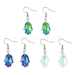 Hamsa Hand Glass Dangle Earrings, Platinum Tone Brass Earring for Women, Mixed Color, 41.5x19mm(EJEW-JE05326)