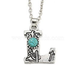 Letter A~Z Antique Silver Plated Alloy with Synthetic Turquoise Pendant Necklace, with Iron Cable Chains, Letter L, 18.70 inch(475mm), Letter L: 25.5x19.5mm(NJEW-G080-01L)
