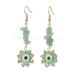 Evil Eye Natural Green Aventurine Chip & Seed Beads Dangle Earrings, 304 Stainless Steel Jewelry for Women, Golden, Light Green, 61~63x18mm(EJEW-MZ00166-04)