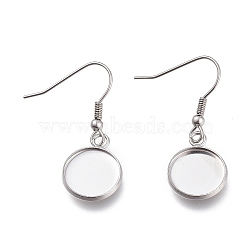 304 Stainless Steel Earring Hooks, with Blank Pendant Trays, Flat Round Setting for Cabochon, Stainless Steel Color, 36mm, Tray: 12mm, 20 Gauge, Pin: 0.8mm(X-STAS-H114-08P)