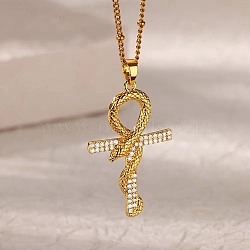 Brass Micro Pave Clear Cubic Zirconia Snake Wrapped Ankh Cross Pendant Necklaces, 304 Stainless Steel Chain Necklaces, Real 18K Gold Plated, 16.50 inch(41.9cm)(NJEW-S446-01G)