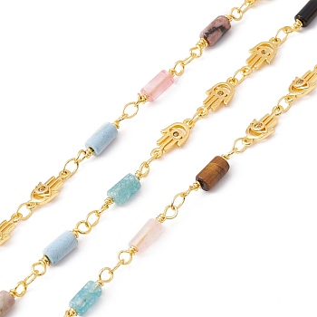 Handmade Eco-friendly Brass Hamsa Hand Link Chain, with Cubic Zirconia and Natural Gemstone Column Beaded, Real 18K Gold Plated, Lead Free & Cadmium Free, Soldered, with Spool, 11x5x2mm, 14~14.5x3.5mm