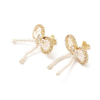 Bowknot Brass Micro Pave Cubic Zirconia Stud Earrings, with ABS Imitation Pearl, Real 18K Gold Plated, 32x28mm