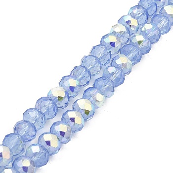 Baking Painted Transparent Glass Beads Strands, Imitation Opalite, Faceted, AB Color Plated, Round, Cornflower Blue, 8x6.5mm, Hole: 1.4mm, about 63~65pcs/strand, 39~40cm