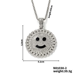 Sparkling Hip Hop Street Dance Alloy Crystal Rhinestone & Enamel Smile Face Pendant Necklaces, Platinum, 23.62 inch(60cm)