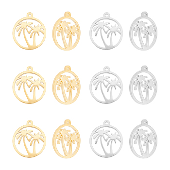 12Pcs 2 Colors 201 Stainless Steel Pendants, Manual Polishing, Ring with Coconut Tree, Real Gold Plated & Stainless Steel Color, 18x16x1.5mm, Hole: 1.2mm, 6pcs/color