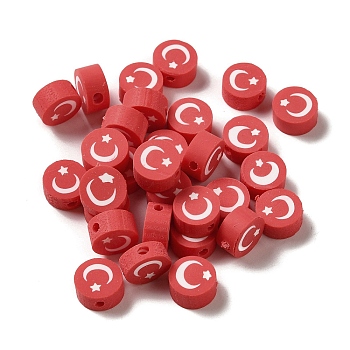 Handmade Polymer Clay Beads, Flat Round with Moon Pattern, Indian Red, 9x4.5mm, Hole: 1.6mm