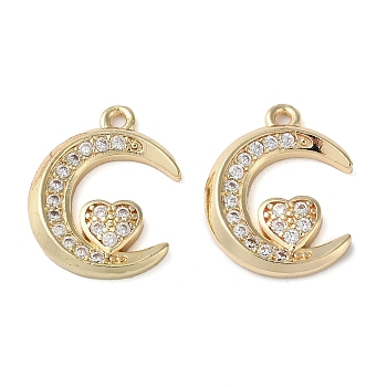 Rack Plating Brass with Cubic Zirconia Pendants, Lead Free & Cadmium Free, Long-Lasting Plated, Moon with Heart Charm, Golden, 18.5x14.5x2.5mm, Hole: 1.5mm