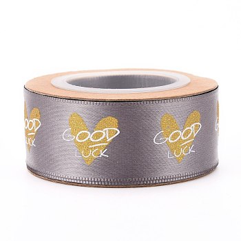 Polyester Ribbons, Single Face Golden Hot Stamping, for Gifts Wrapping, Party Decoration, Heart & Word Good Luck Pattern, Gray, 1-1/8 inch(27mm), 10yards/roll(9.14m/roll)