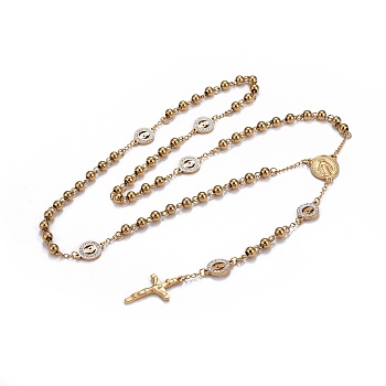 304 Stainless Steel Rosary Bead Necklaces for Easter, with Polymer Clay Rhinestone, Crucifix Cross & Oval with Saint & Flat Round with Virgin Mary, Golden, 26.77 inch(68cm)