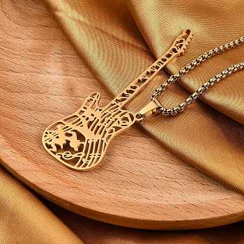 304 Stainless Steel Hollow Guitar Pendant Box Chain Necklaces, Real 18K Gold Plated, 23.46 inch(59.6cm)