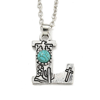 Letter A~Z Antique Silver Plated Alloy with Synthetic Turquoise Pendant Necklace, with Iron Cable Chains, Letter L, 18.70 inch(475mm), Letter L: 25.5x19.5mm
