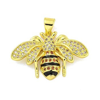 Brass Micro Pave Clear Cubic Zirconia Pendants, with Enamel, Bee, Real 18K Gold Plated, 17x25.5x3.5mm, Hole: 4x3mm