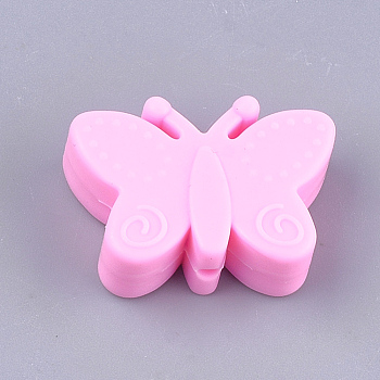 Food Grade Eco-Friendly Silicone Focal Beads, Chewing Beads For Teethers, DIY Nursing Necklaces Making, Butterfly, Hot Pink, 20.5x30x11mm, Hole: 2mm
