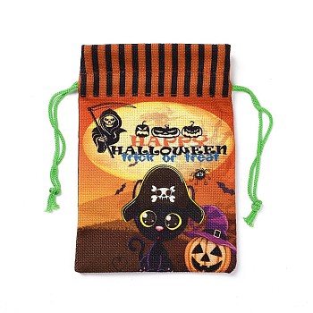 Halloween Cotton Cloth Storage Pouches, Rectangle Drawstring Treat Bags Goody Bags, for Candy Gift Bags, Cat Pattern, 21x14.5x0.4cm
