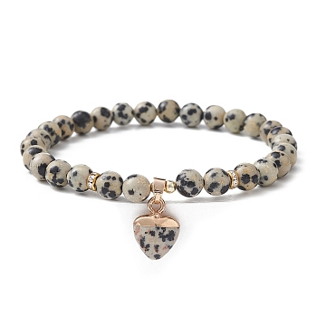 Natural Dalmatian Jasper Round Beaded Stretch Bracelets, with Heart Charms, Inner Diameter: 2-1/8~2-1/4 inch(5.4~5.6cm)