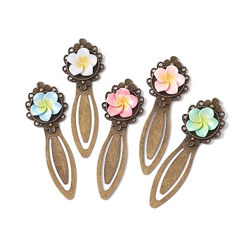 Tibetan Style Alloy Bookmark Clips, with Resin Plumeria Flower, Mixed Color, 83x28x7mm