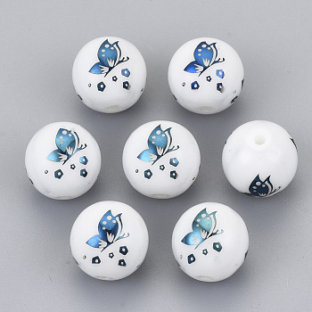Electroplate Glass Beads, Round with Butterfly Pattern, Blue Plated, 10mm, Hole: 1.2mm